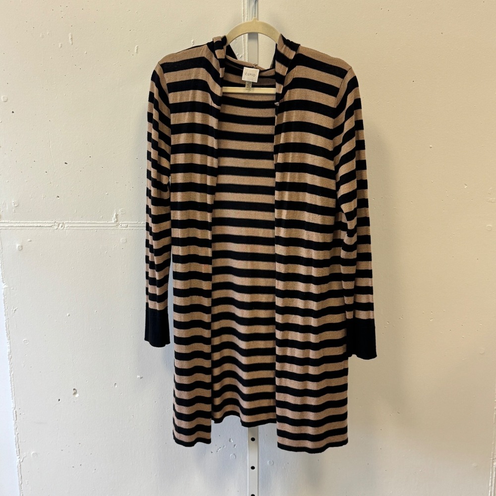 Cupio Tan‎ Black Striped Hooded Open Front Longline Cardigan Large Duster Cozy